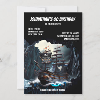 Invitación Buque pirata noche mar tesoro cueva jolly roger