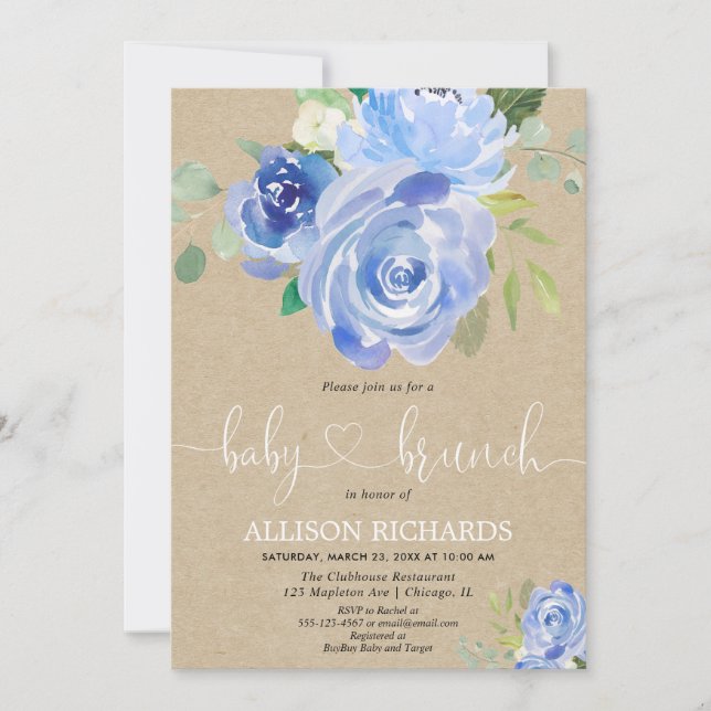 Invitación Buque ruidoso brunch niño ducha azul floral (Anverso)