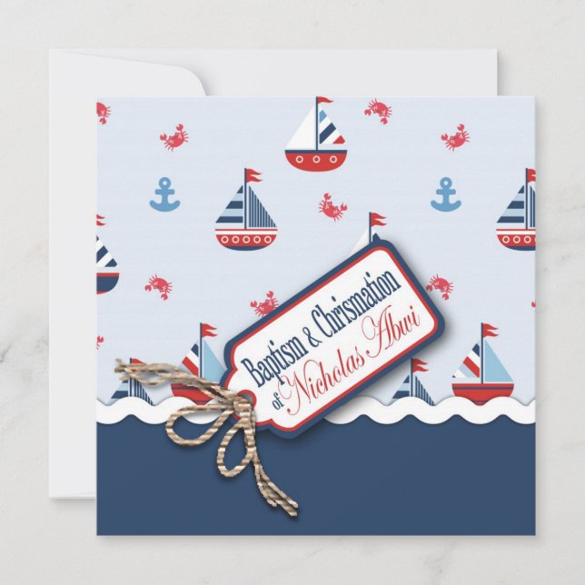 Invitación ¡Buques Ahoy! Cuadrado de bautismo C (Anverso)
