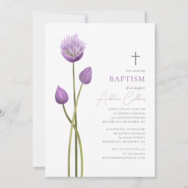 Invitación Burbuja de lavanda suave florece bautismo Minimali (Anverso)