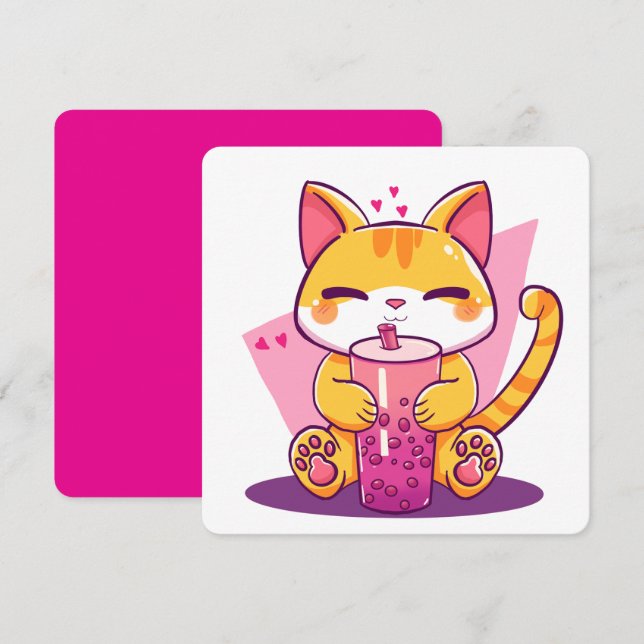 Invitación Burbuja de Té Gatito (Anverso / Reverso)