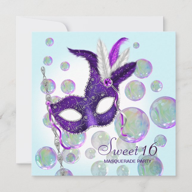 Invitación Burbujas Azul Turquesa Morado Masquerade de Dulces (Anverso)