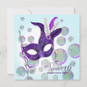 Invitación Burbujas Azul Turquesa Morado Masquerade de Dulces