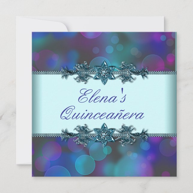 Invitación Burbujas Azul Verde Morado Quinceañera (Anverso)