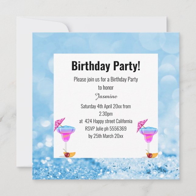 INVITACIÓN BURBUJAS AZULES DE HAWAIAN Y FIESTA DE CUMPLEAÑOS (Anverso)