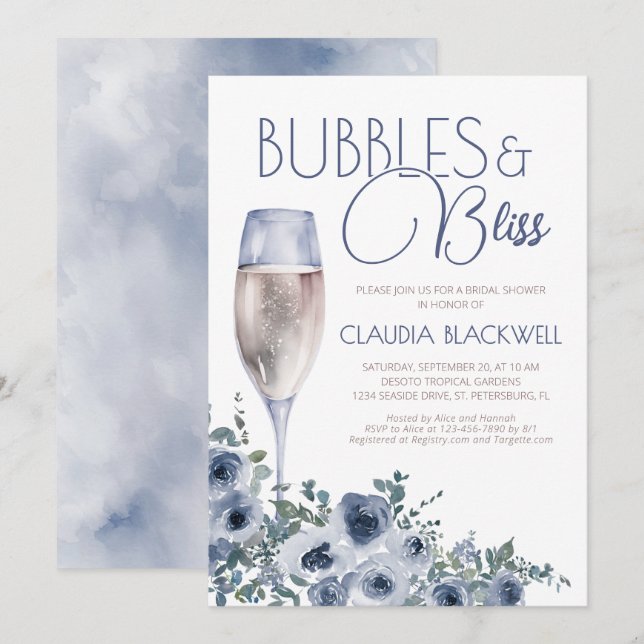 Invitación Burbujas Bliss Champagne Blue Bridal Shower (Anverso / Reverso)