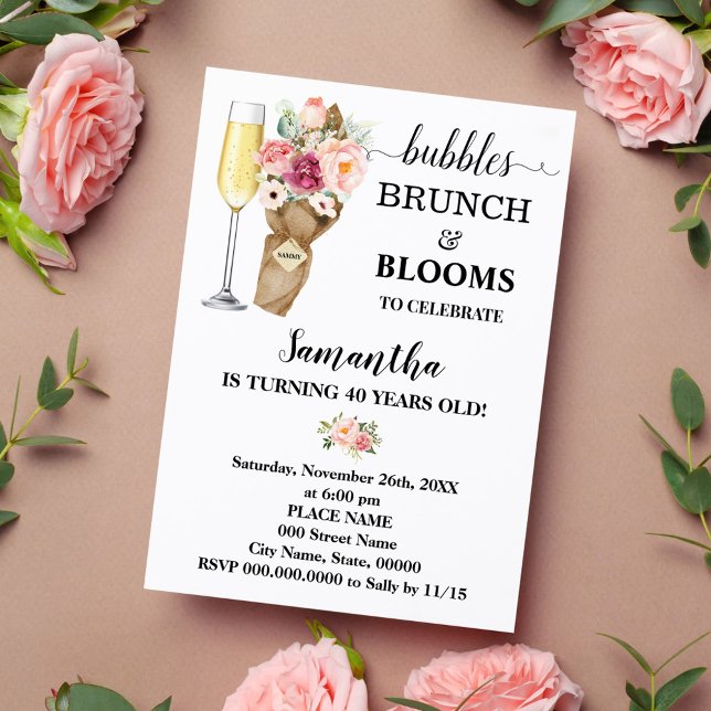 Invitación Burbujas Brunch & Blooms Flores rosas Cumpleaños (Subido por el creador)