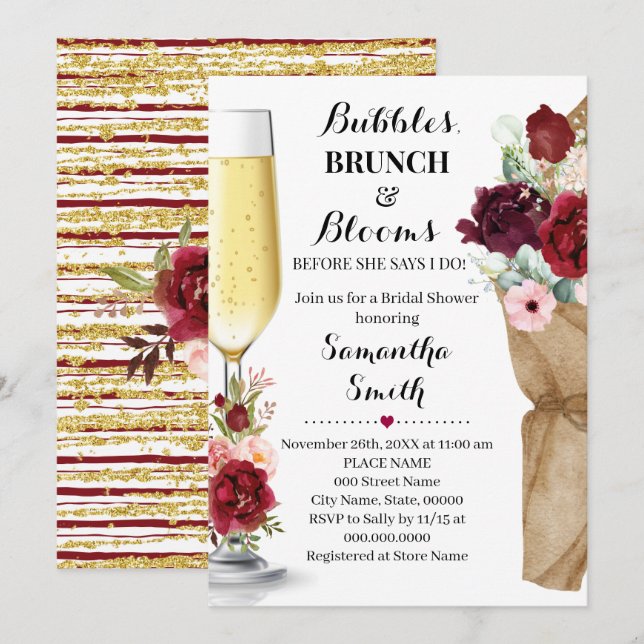 Invitación Burbujas Brunch & Blooms Marsala Bridal Shower Inv (Anverso / Reverso)