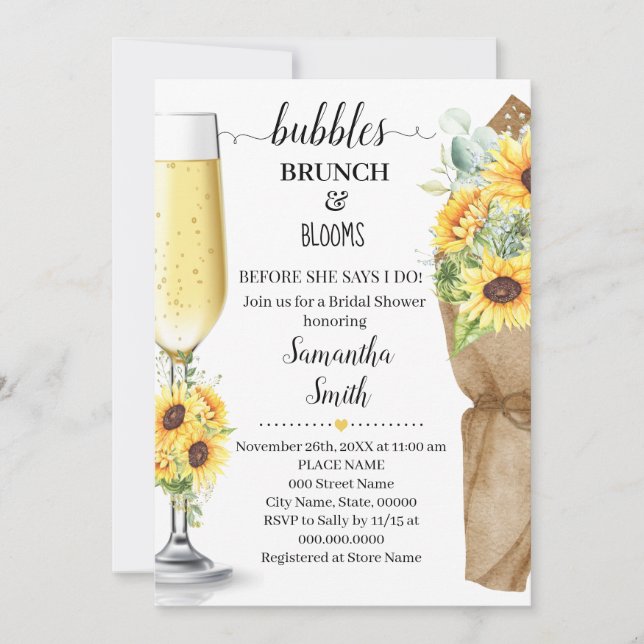 Invitación Burbujas Brunch & Blooms Sunflowers Ducha de novia (Anverso)
