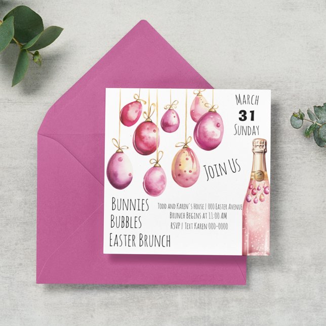 Invitación Burbujas, conejos y brunch de Pascua (Customizable Easter Brunch invitation with pink and yellow Easter eggs and bubbly. )