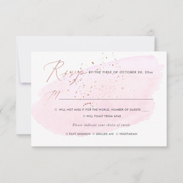 Invitación Burbujas de Champagne Acuarela Rosa RSVP con Comid (Anverso)