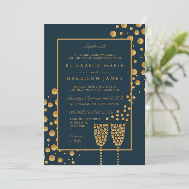 Invitación Burbujas de champán de oro - Azul y oro - Boda (Anverso de pie)