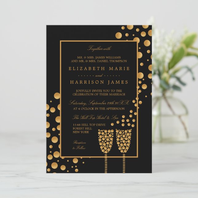 Invitación Burbujas de champán de oro - Negro y oro - Boda (Anverso de pie)
