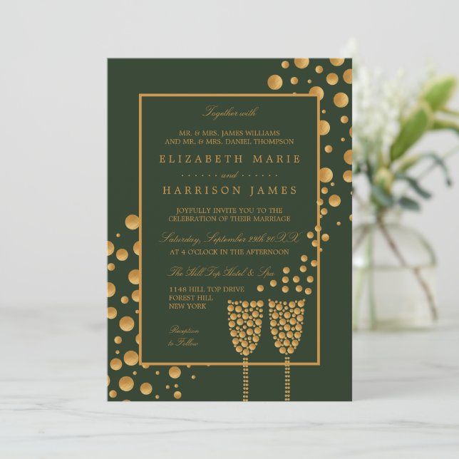 Invitación Burbujas de champán de oro - Verde y oro - Boda (Anverso de pie)
