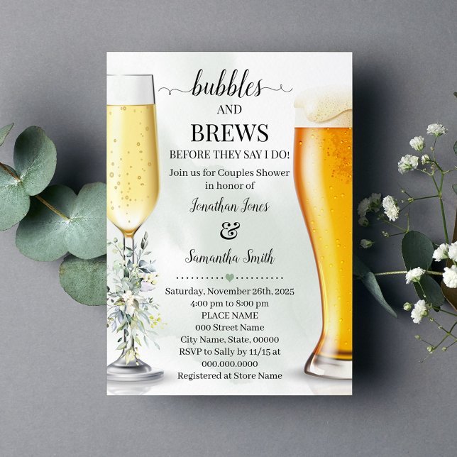 Invitación Burbujas de eucalipto y ducha de efecto invernader (Eucalyptus Greenery Bubbles and Brews Couples shower invitation Champagne & Beers Greenery Wedding)