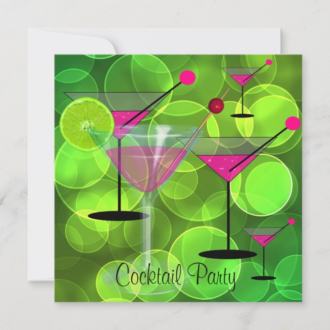 Invitación Burbujas de Fiesta de Cocktail Verde Rosa (Anverso)