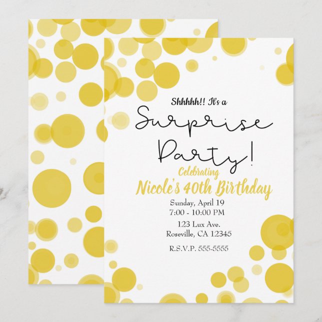 Invitación Burbujas de puntos de polka amarilla y blanca sorp (Anverso / Reverso)