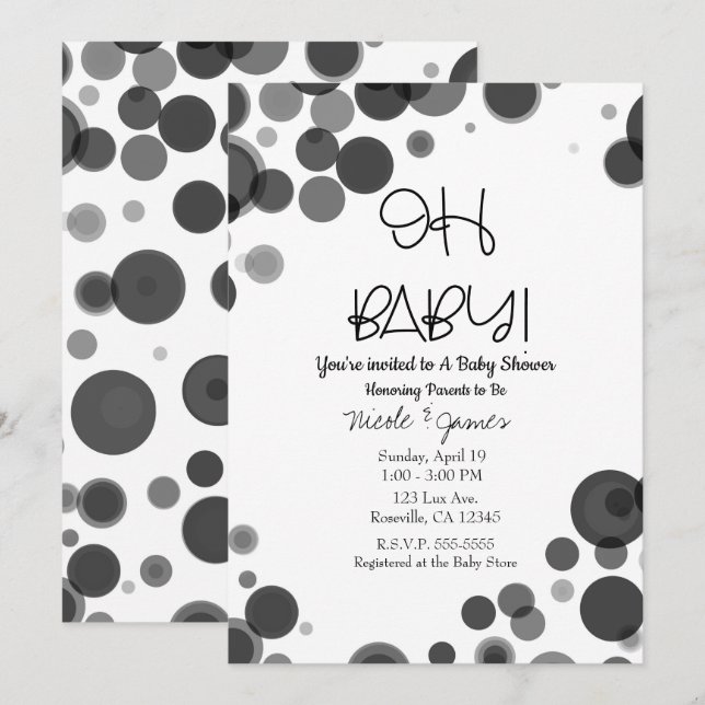 Invitación Burbujas de puntos de polka blanco negro OH Baby S (Anverso / Reverso)