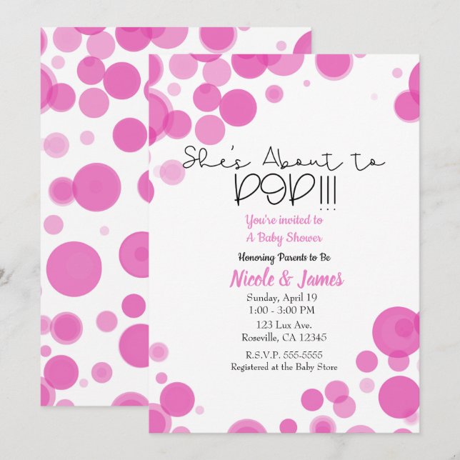 Invitación Burbujas de puntos de polka rosa y blanca a punto  (Anverso / Reverso)
