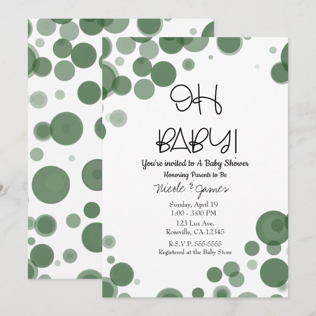 Invitación Burbujas de puntos de polka verde y blanco OH Baby (Anverso / Reverso)