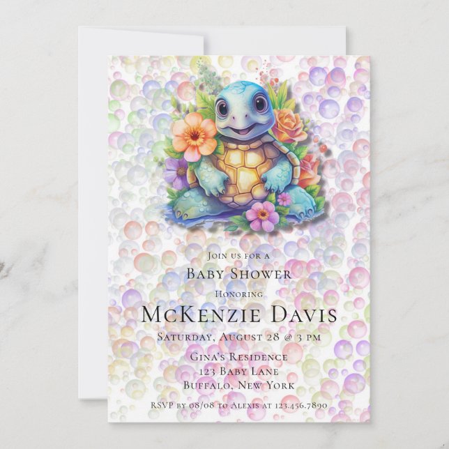 Invitación Burbujas de tortuga marina floral Baby Shower (Anverso)