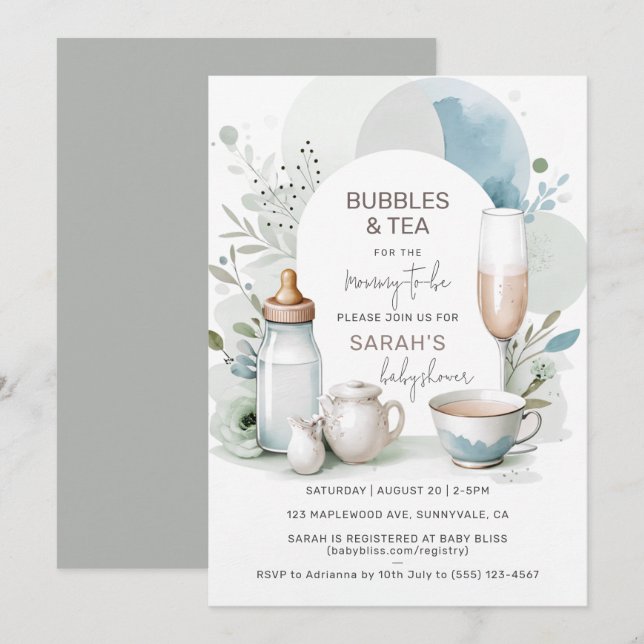 Invitación Burbujas elegantes y té Baby Shower Green (Anverso / Reverso)