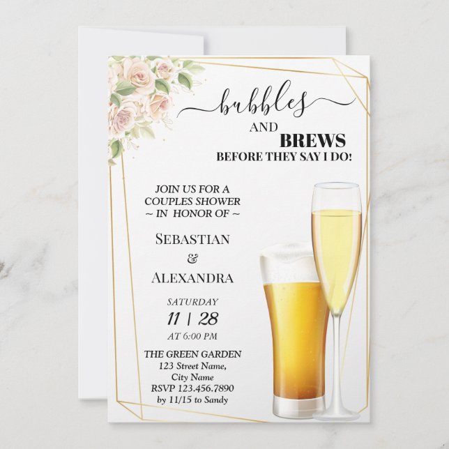 Invitación Burbujas florales y breves Parejas Ducha Invitació (Anverso)