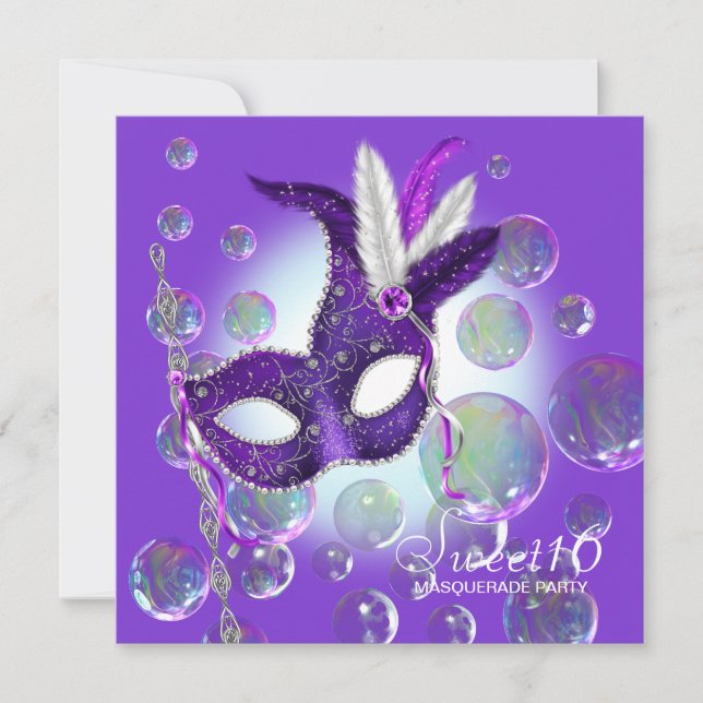 Invitación Burbujas Moradas Fiesta de Cumpleaños Mascarada (Anverso)