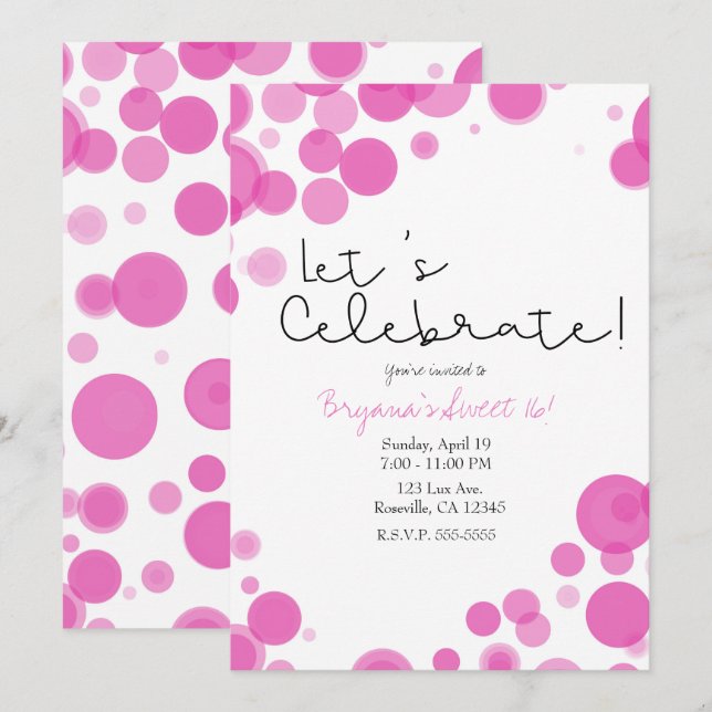 Invitación Burbujas rosadas de puntos de polka blanco celebre (Anverso / Reverso)