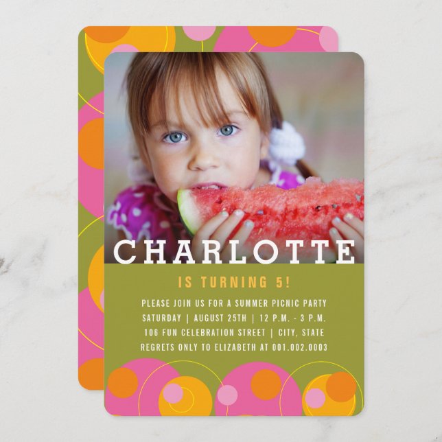 Invitación Burbujas rosas, puntos de Polka, fiesta del cumple (Anverso / Reverso)