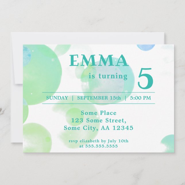 Invitación Burbujas verdes y azules, niños Fiesta de cumpleañ (Reverso)