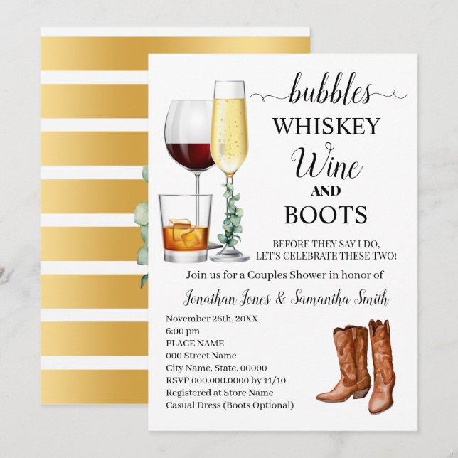 Invitación Burbujas Whiskey Wine & Boots Ducha Parejas (Anverso / Reverso)