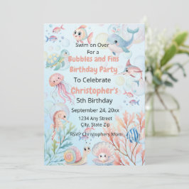 Invitación Burbujas y Aletas Cumpleaños Oceánico de Niños