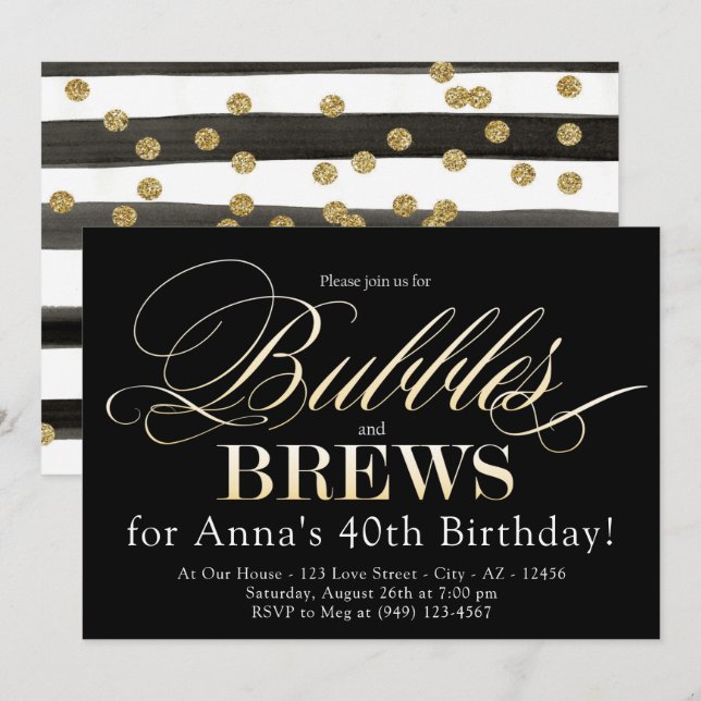 Invitación Burbujas y brea cumpleaños de adultos negros y dor (Anverso / Reverso)