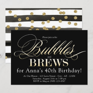 Invitación Burbujas y brea cumpleaños de adultos negros y dor