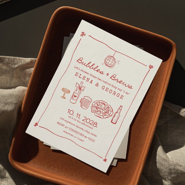 Invitación Burbujas y brea duchas de las parejas con la mano  (bubbles & brews couple's shower invitation hand drawn informal, funny, quirky, unique aesthetic)
