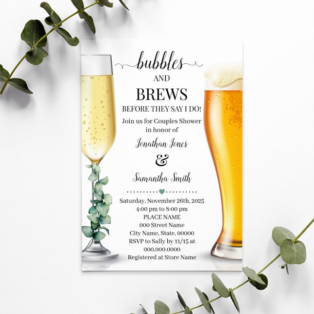 Invitación Burbujas y breas antes de duchar vegetación (Bubbles and Brews before I do Couples Shower Eucalyptus Invitation, Champagne and Beers Rehearsal)