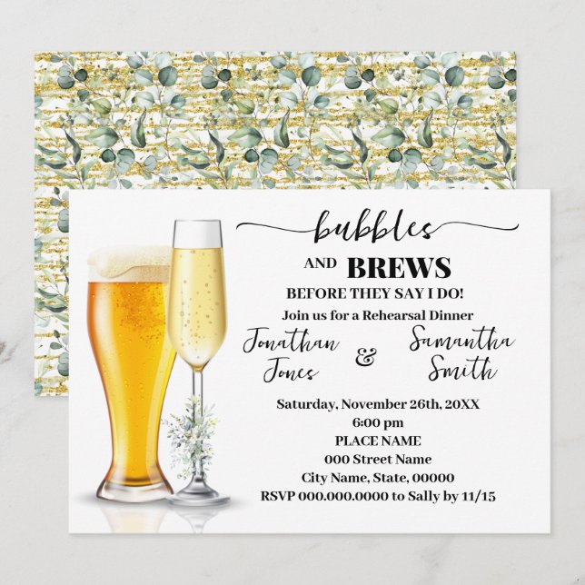 Invitación Burbujas y brebajadas Ensayo Cena Eucalipto y Oro (Anverso / Reverso)