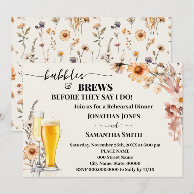 Invitación Burbujas y brebajes ensayan cena Flores salvajes o (Anverso / Reverso)