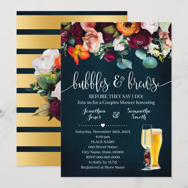 Invitación Burbujas y breves flores de vino Ducha de la Boda  (Anverso / Reverso)