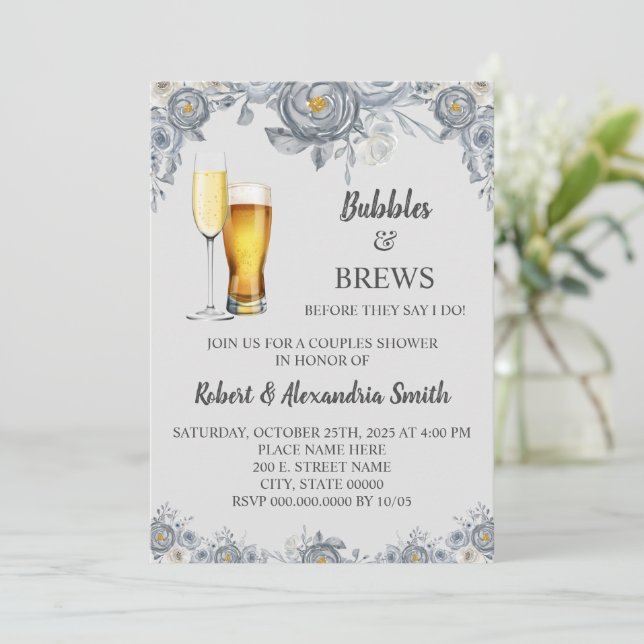 Invitación Burbujas y breves Parejas Bodas Ducha Floral Gris (Anverso de pie)