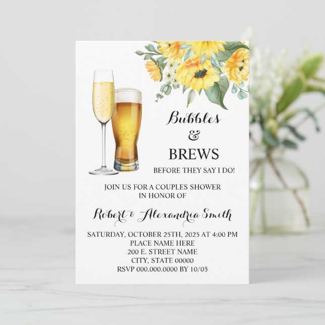Invitación Burbujas y breves Parejas Bodas Ducha girasoles  (Anverso de pie)