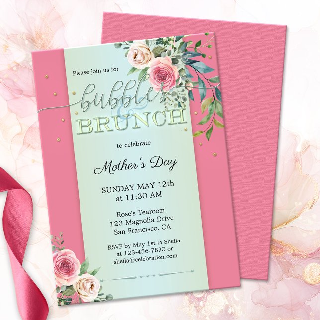 Invitación Burbujas y brunch de Rosas de Rubor acuarela (Elegant Mother's Day bubbles & brunch invitation featuring watercolor blush pink roses on pastel)