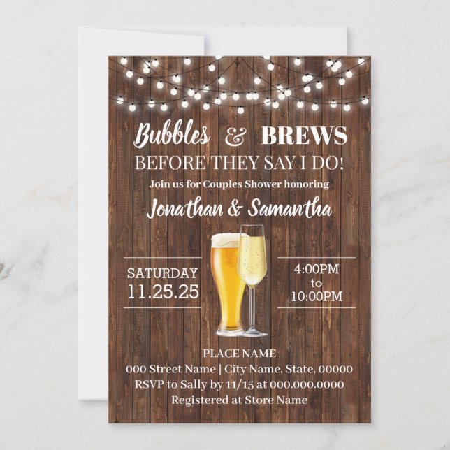 Invitación Burbujas y cerveza antes de hacer boda rústico (Anverso)