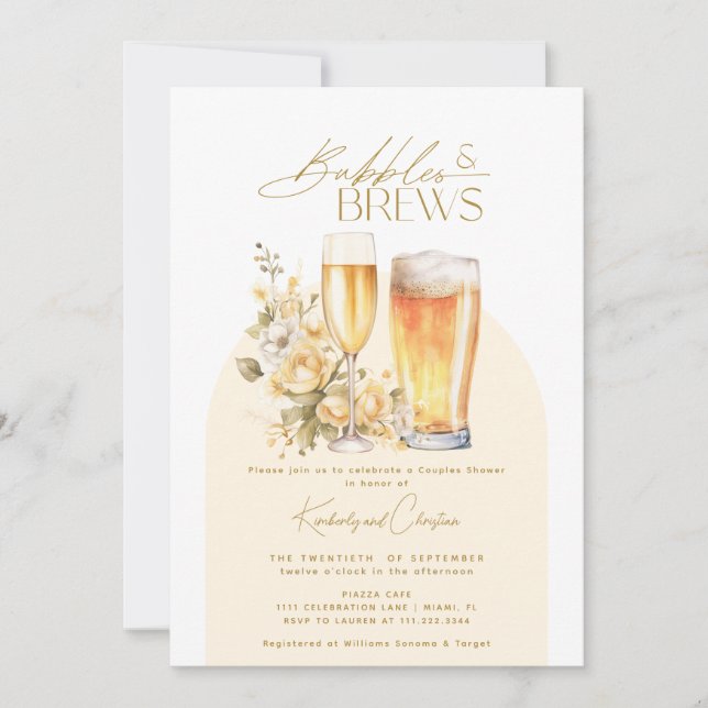 Invitación Burbujas y Cervezas Elegante Fiesta de Parejas Mod (Anverso)