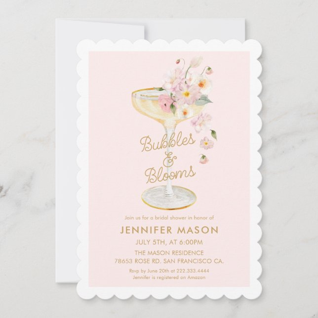 Invitación Burbujas y flores rosadas ducha de novias (Anverso)