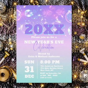Invitación Burbujas y Luces Gradiente Pastel Nochevieja