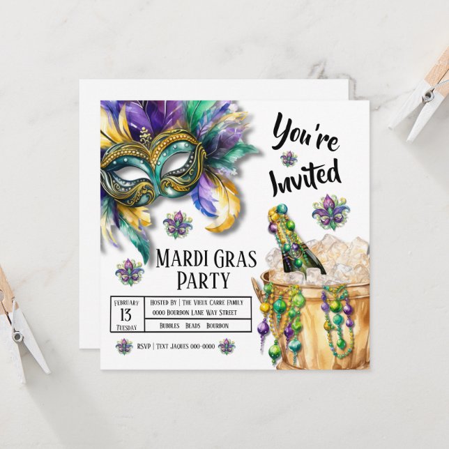 Invitación Burbujas y perlas Fiesta Mardi Gras (Anverso/Reverso In Situ)