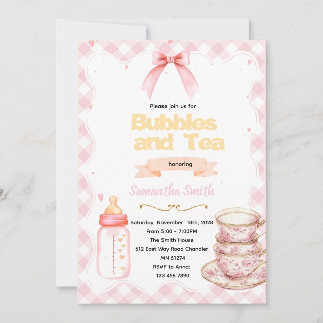 invitación Burbujas y Té para la futura mamá (Anverso)