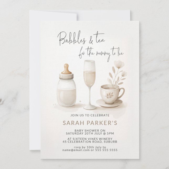 Invitación Burbujas y té para que la mamá sea una ducha de be (Anverso)